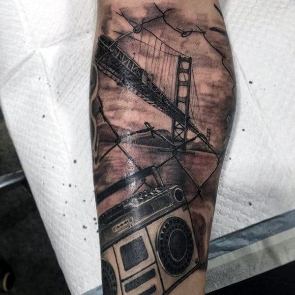 Shaded Fence With Golden Gate Bridge Mens Forearm Sleeve Tattoo
