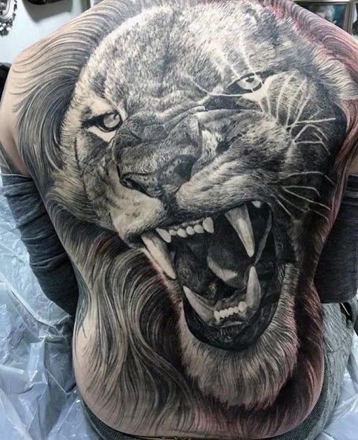 Shaded Full Back Mens Roaring Lion Tattoo