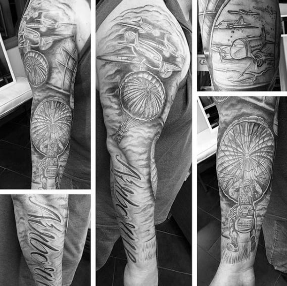 Shaded Full Sleeve Airborne Themed Mens Military Tattoo Designs
