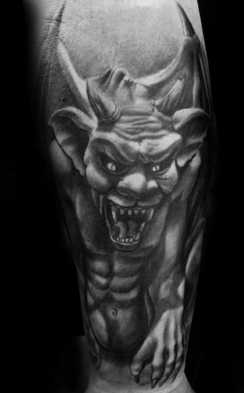 Shaded Gargoyle Black And Grey Guys Forearm Tattoos