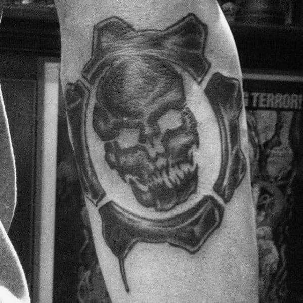 Shaded Gears Of War Black And Grey Guys Outer Forearm Tattoos