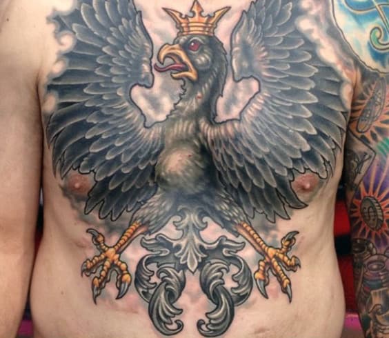 Shaded Grey And Gold Male Polish Eagle Chest Tattoos