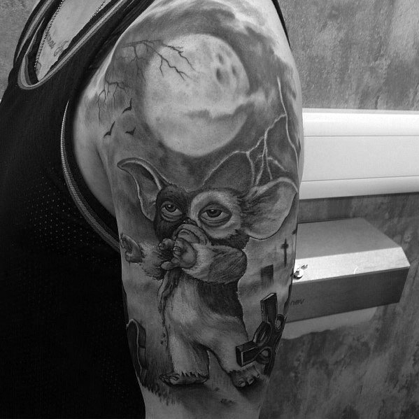 Shaded Grey Half Sleeve Amazing Mens Gremlin Tattoo Designs