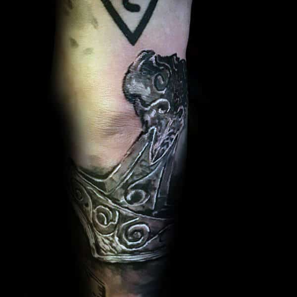 Shaded Grey Ink Male Mjolnir Arm Tattoo Design Inspiration