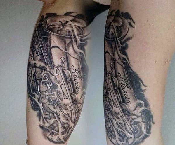 Shaded Guys Saxophone Inner Arm Bicep Tattoos