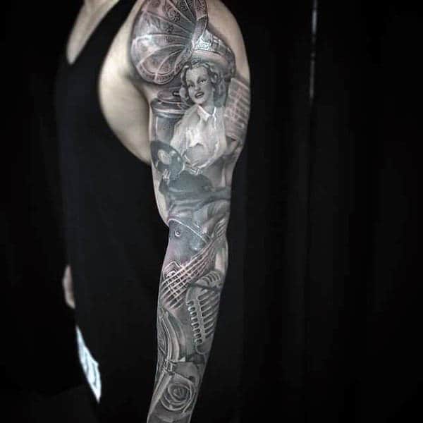 Shaded Guys Tattoo Design Full Music Sleeve