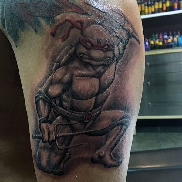 Shaded Guys Teenage Mutant Ninja Turtle Arm Tattoo Design Ideas