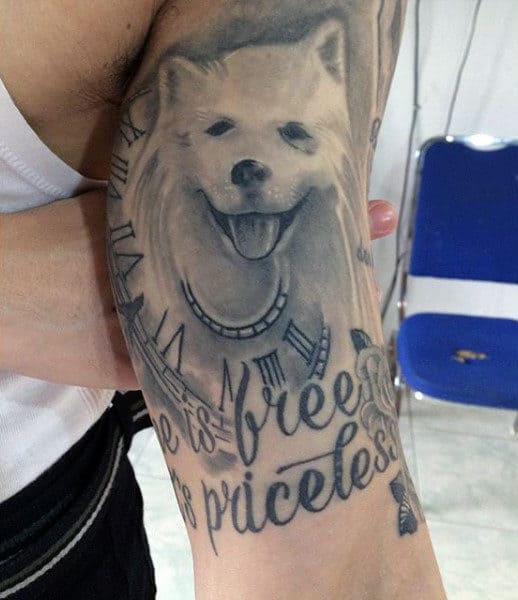 Shaded Half Sleeve Dog Tattoo Ink Ideas For Guys