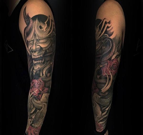 Shaded Hannya Mask With Snake And Flowers Sleeve Tattoo For Men