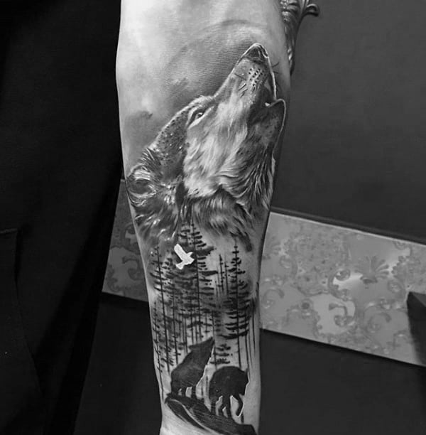 Shaded Howling Wolf Male Inner Forearm Tattoo Designs
