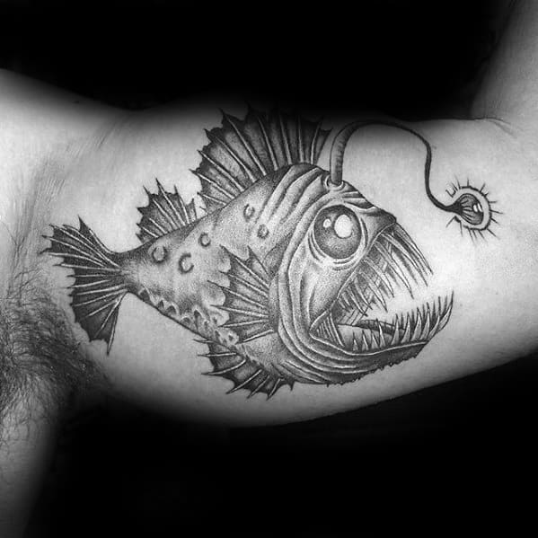 Shaded Inner Arm Bicep Male Tattoo With Angler Fish Design