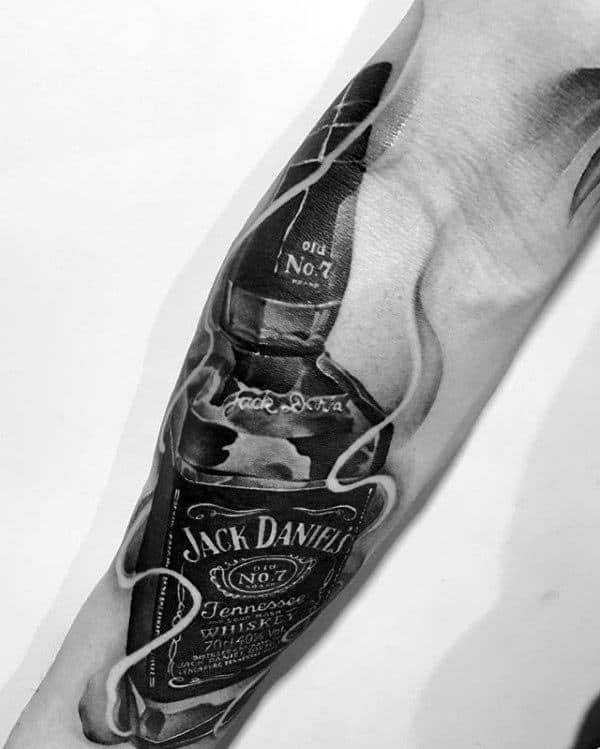 Shaded Jack Daniels Mens Black And Grey Outer Forearm Tattoo Design Ideas