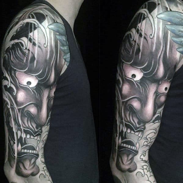 Shaded Japanese Demon Mask Black And Grey Mens Arm Tattoos