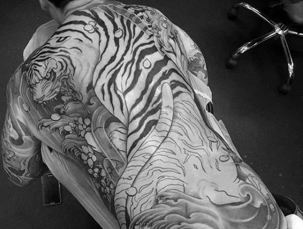 Shaded Japanese Mens Tiger Full Back Tattoo Ideas