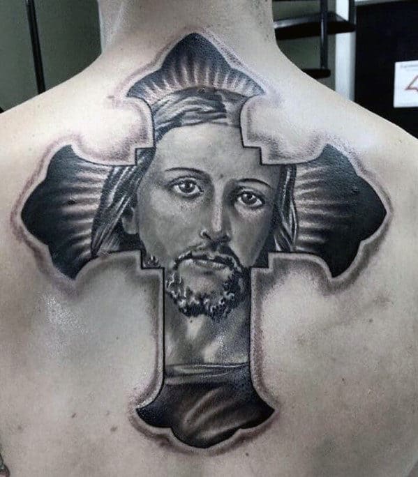 Shaded Jesus Face In Cross Male Upper Back Tattoo