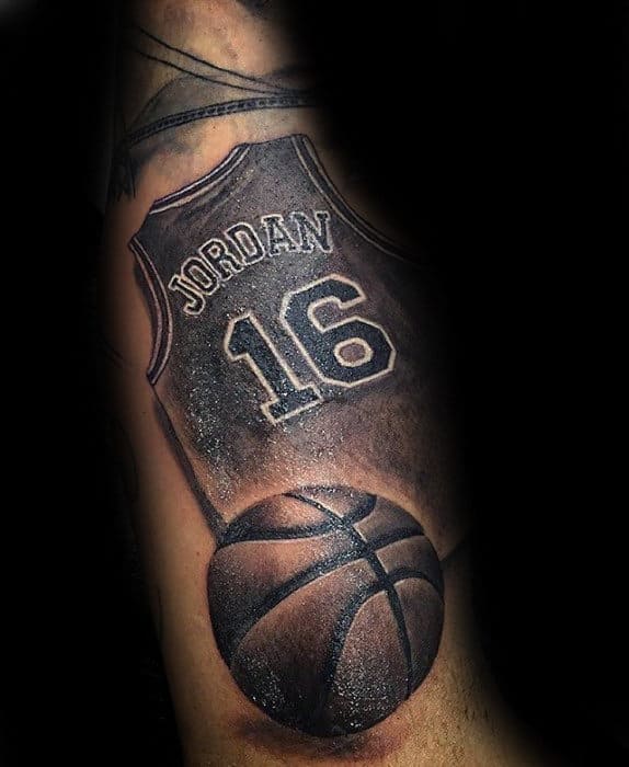 Shaded Jordan 16 Jersey With Basketball Mens Forearm Tattoo