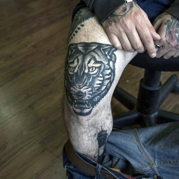 Shaded Knee Traditional Guys Tiger Tattoos