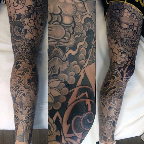 Shaded Leg Sleeve Guys Japanese Demon Themed Tattoo Ideas