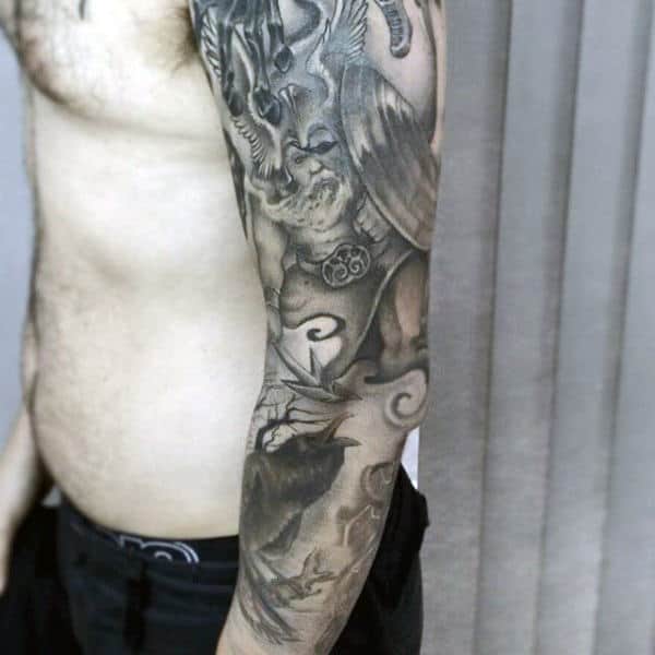 Shaded Light Grey Ink Odin Sleeve Tattoos For Men