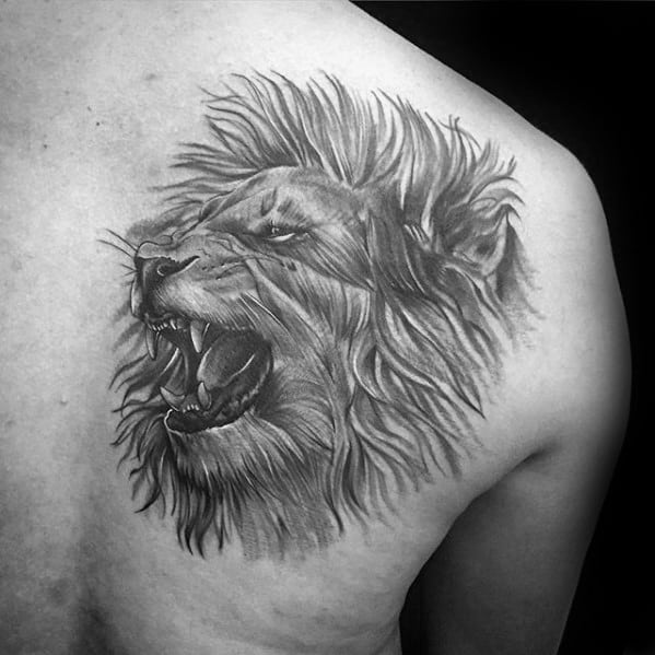 Shaded Lion Head Shoulder Tattoos For Men
