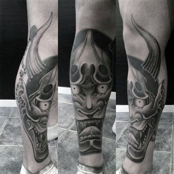 Shaded Male Tattoo Of Hannya Mask With Shaded Grey And Black Design