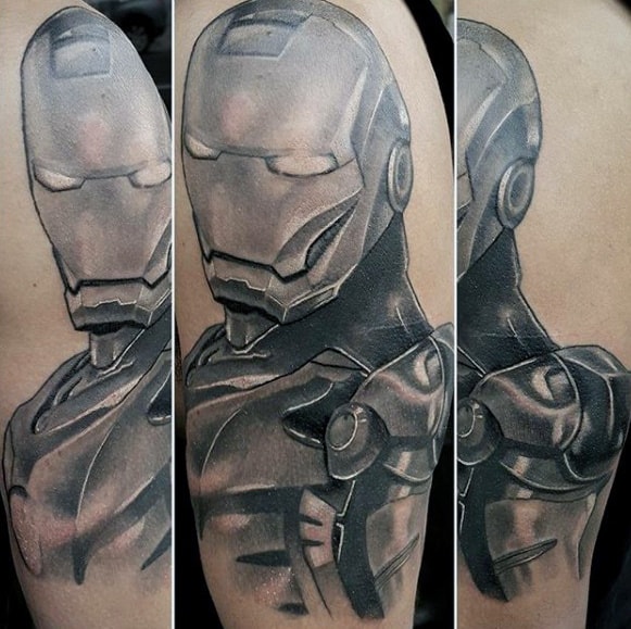 Shaded Marvel Black And Grey Ink Guys Ironman Tattoos On Arm