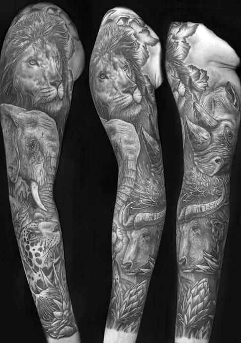 Shaded Mens Animal Themed Sleeve Tattoo With Lion Design