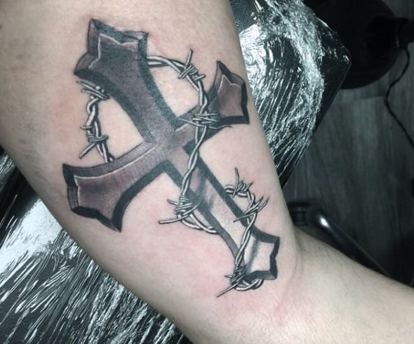 Shaded Mens Barbed Wire Cross Tattoo On Upper Arm