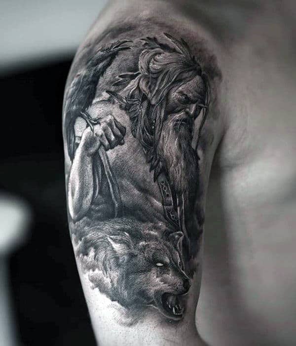 Shaded Odin With Growling Wolf Mens Arm Tattoo