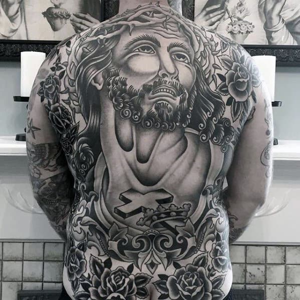 Shaded Old School Guys Traditional Black And Grey Ink Jesus Back Tattoo