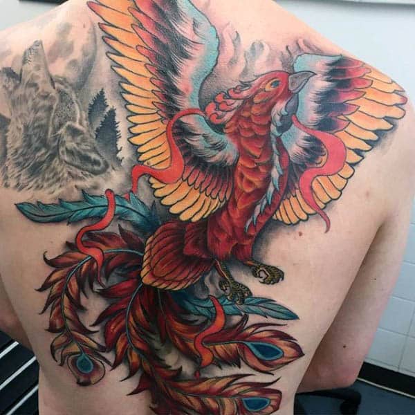 Shaded Orange Male Tattoo Of Greek Phoenix Bird On Back