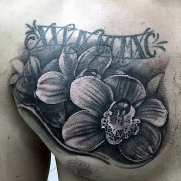Shaded Orchid Flowers With Black And Grey Design Mens Upper Chest Tattoos