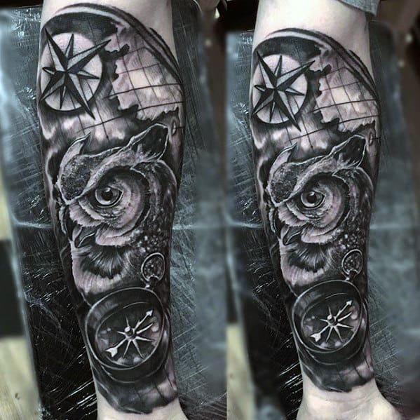 Shaded Owl With Nautical Star And Compass Mens Forearm Sleeve Tattoo