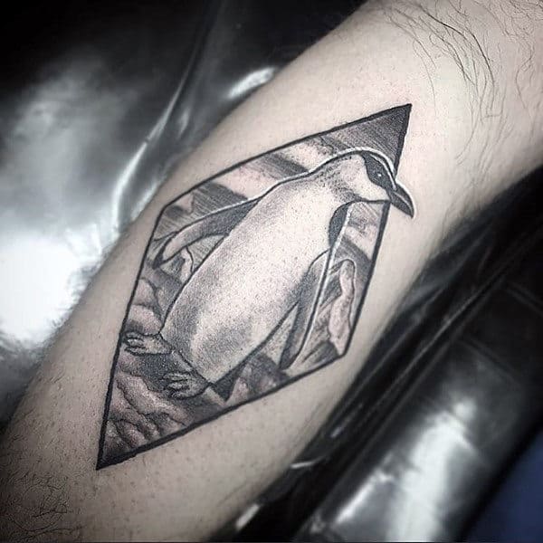 Shaded Penguin Male Leg Calf Tattoo Inspiration