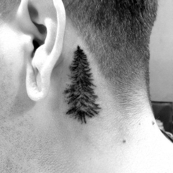 Shaded Pine Tree Guys Small Back Of Neck Tattoo