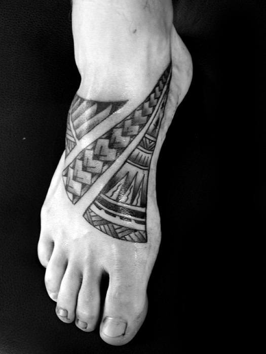 Shaded Polynesian Tribal Foot Tattoos For Males