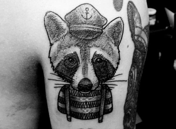 Shaded Raccoon Sailor Upper Arm Tattoos For Guys