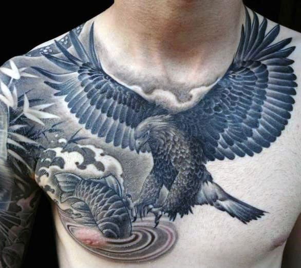 Shaded Realistic Mens Eagle Fish Upper Chest Tattoos