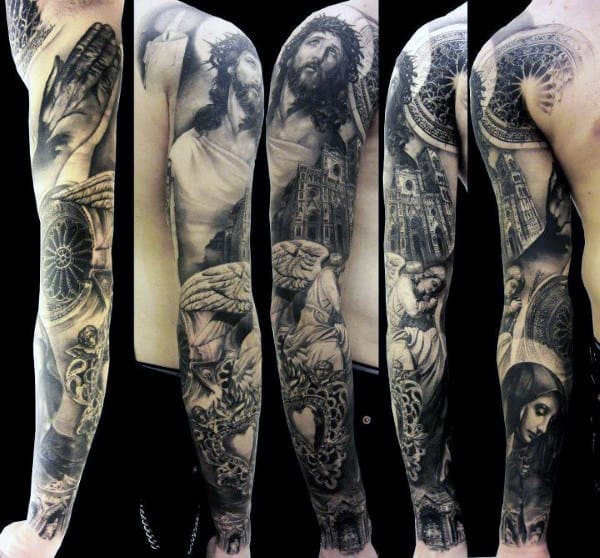 Shaded Religious Nice Guys Full Sleeve Tattoo
