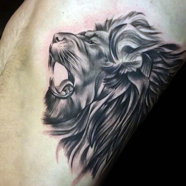 Shaded Roaring Lion Mens Nice Rib Cage Side Of Body Tattoo