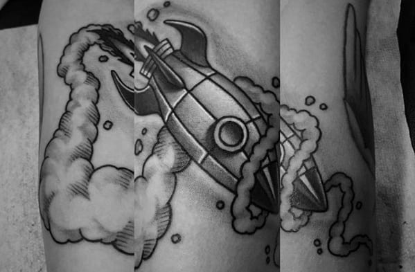 Shaded Rocket Ship Tattoo Ideas For Men On Forearm