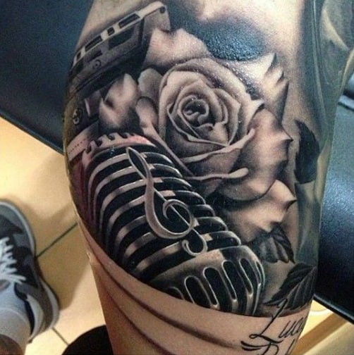 Shaded Rose And Cassette Tattoo For Men On Knees