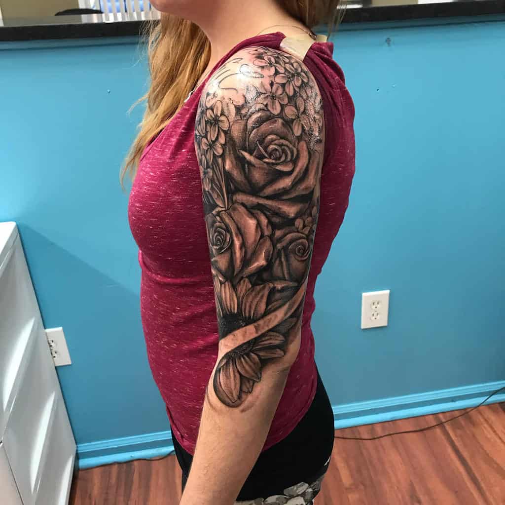shaded rose sleeve tattoos 1legendarytattoo