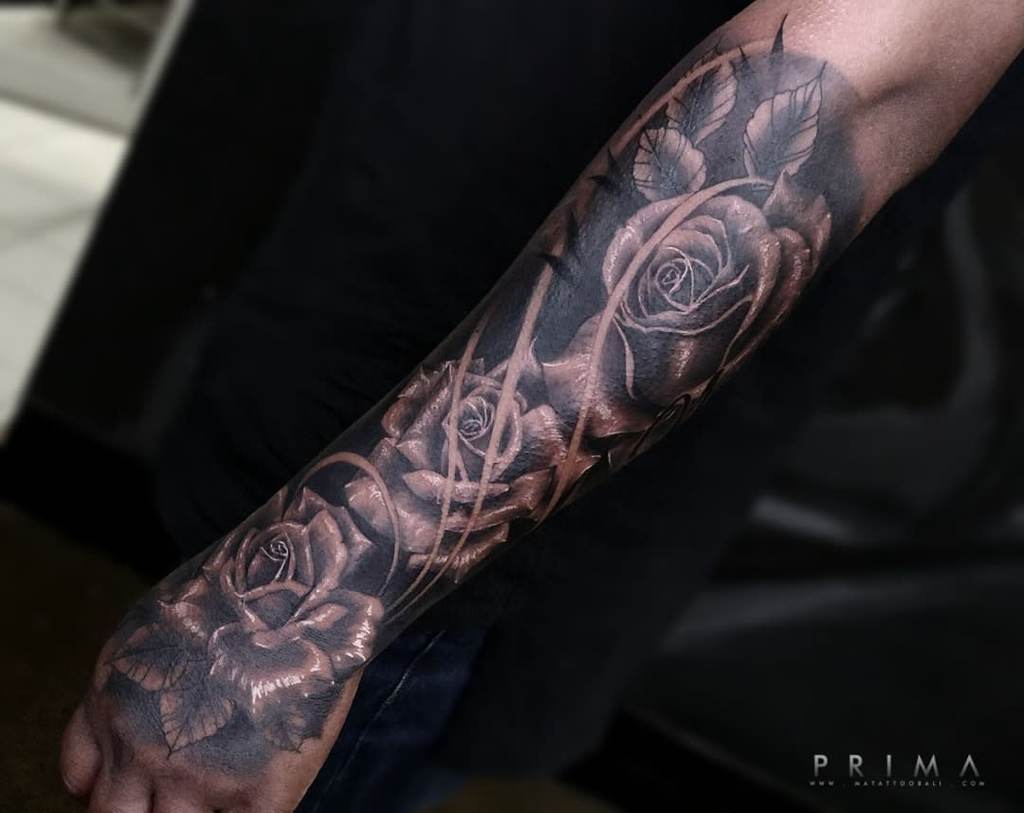 shaded rose sleeve tattoos matattoobali