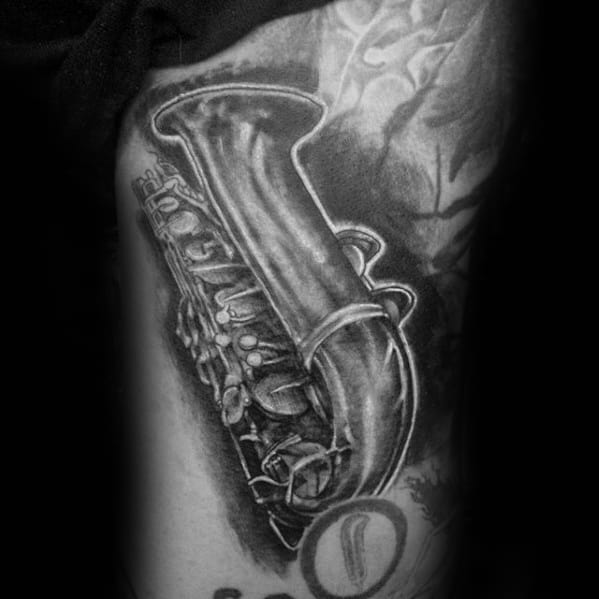 Shaded Saxophone Black And Grey Tattoos For Men On Arm