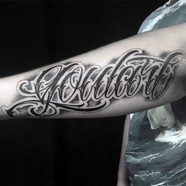 Shaded Script Black And Grey Male Inner Forearm Tattoos