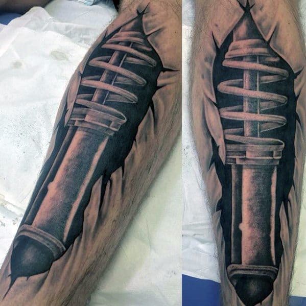 Shaded Shock Absorber Leg Suspension Tattoo Ideas On Guys