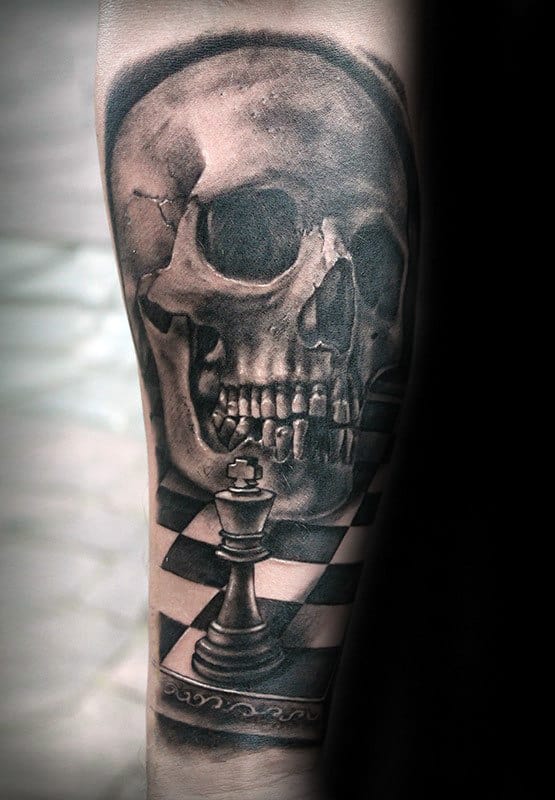 Shaded Skull Guys King Chess Piece 3d Tattoo Sleeve On Forearm