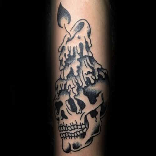 Shaded Skull With Wax Candle Male Forearm Traditional Tattoos