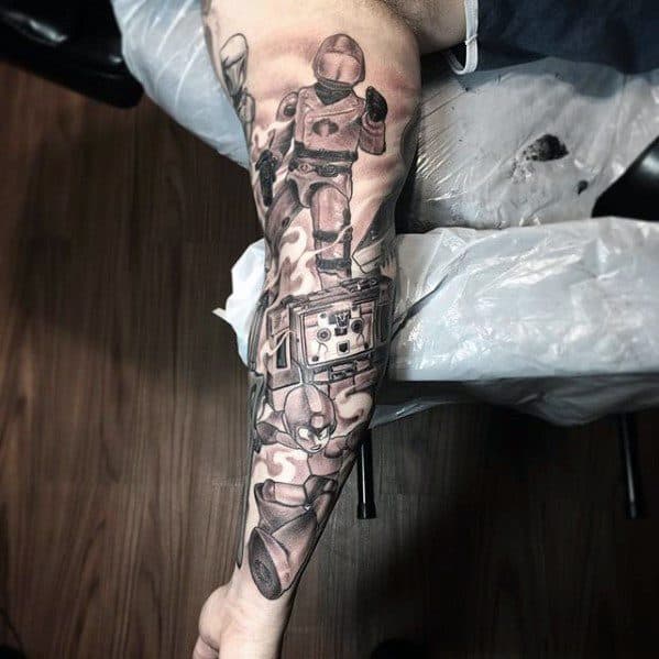 Shaded Sleeve Guys Tattoos With Megaman Design